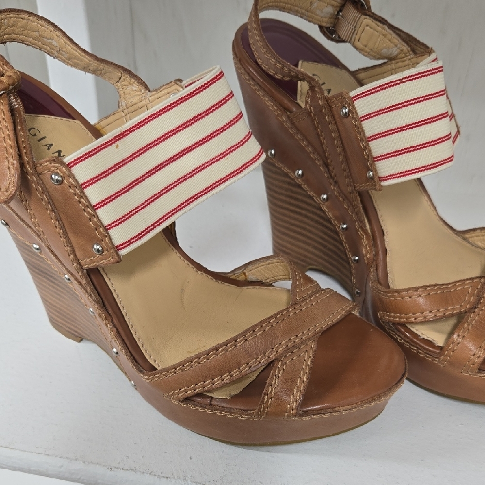 Gianni Bini Tan and Cream Striped Wedge Sandals